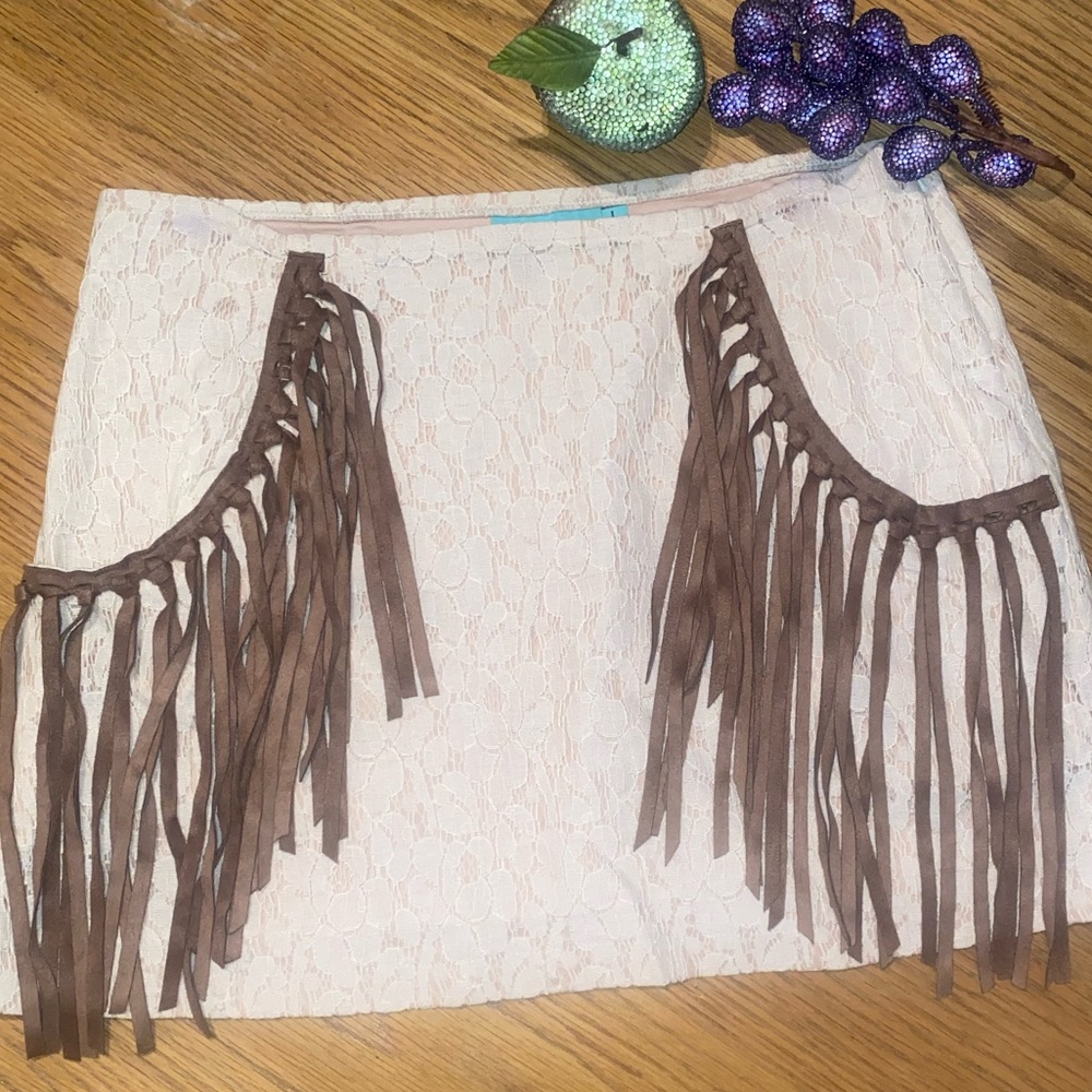 Judith March Western BOHO Fringe Lined Ivory Cream Lace Festival Skirt Sz 8 10 L